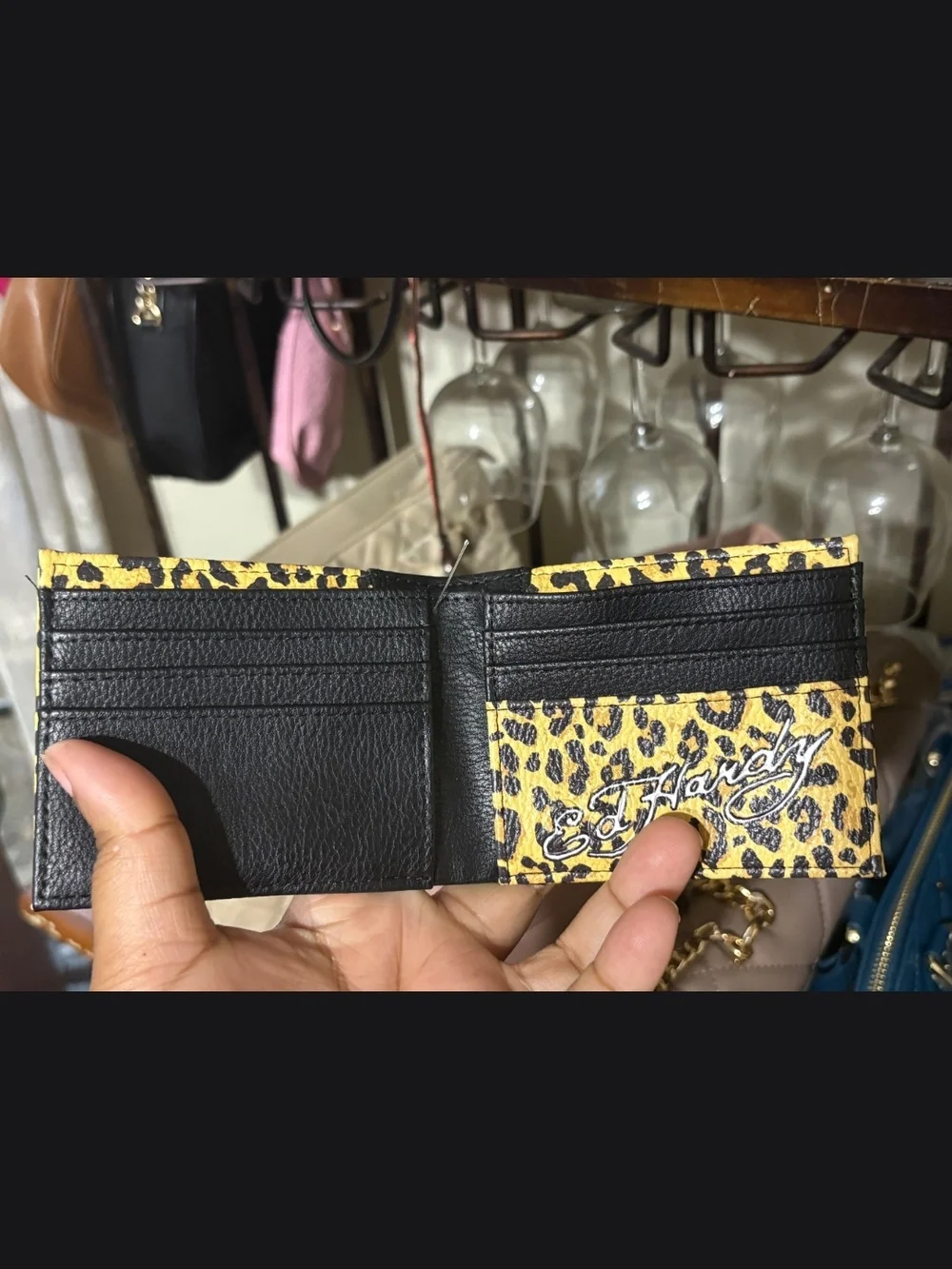 Ed Hardy Leopard Print Studded Bi-Fold Wallet - Yellow